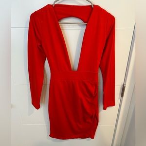 Red Long Sleeve Open Back Dress